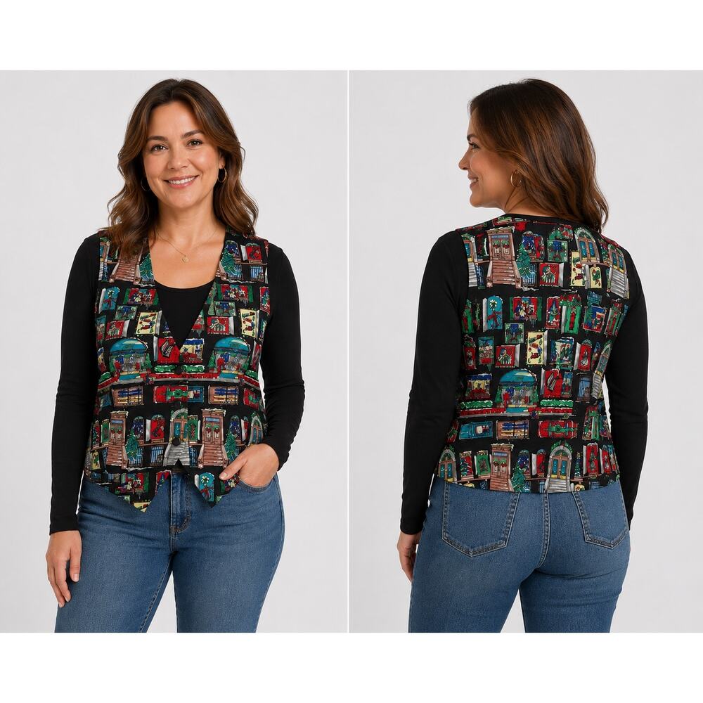 Nicole Miller Vintage 100% Silk Christmas Vest Nutcracker Novelty Womens‎ Medium